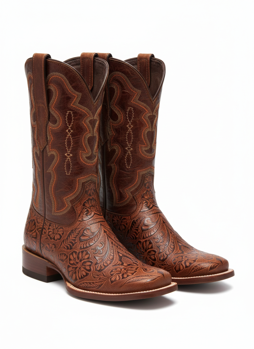 Men Wide Square Toe Cognac Hand Tooled Print Boots