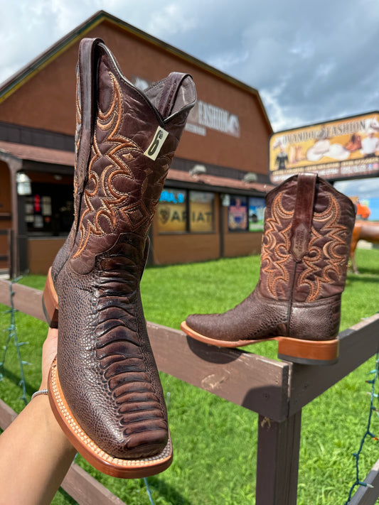 Men Brown Ostrich Leg Print Square Toe Boots