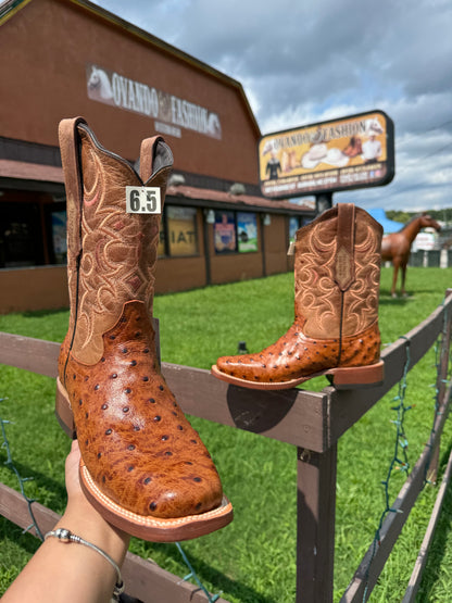 Men Square Toe Cognac Ostrich Print Boots