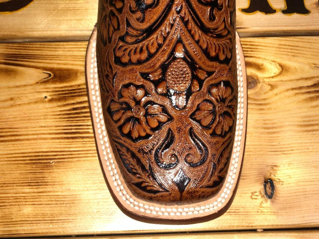 Men Wide Square Toe Cognac Hand Tooled Print Boots