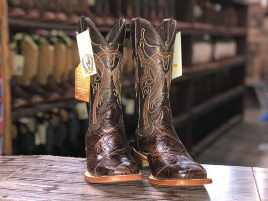 Men Wide Square Toe Brown Giant Gator Belly Print Boots