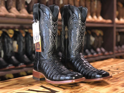 Men Wide Square Toe Black Caiman Hornback Print Boots