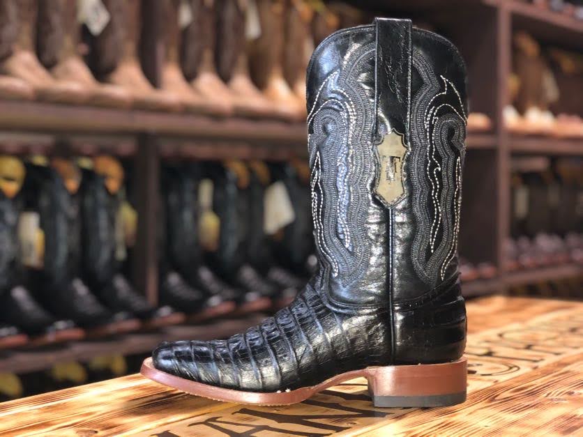 Men Wide Square Toe Black Caiman Hornback Print Boots