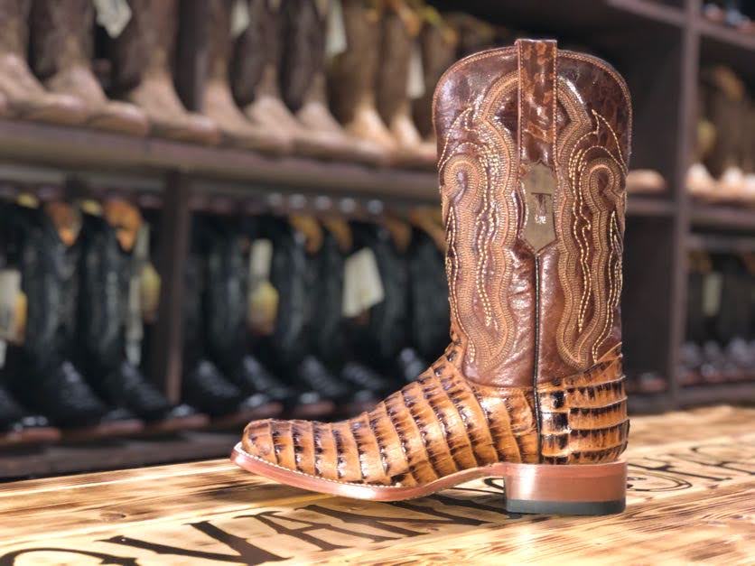 Men Wide Square Toe Cognac Caiman Hornback Print Boots