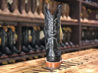 Men Wide Square Toe Black Hand Tooled Print Boots