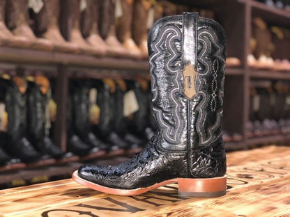 Men Wide Square Toe Black Hand Tooled Print Boots