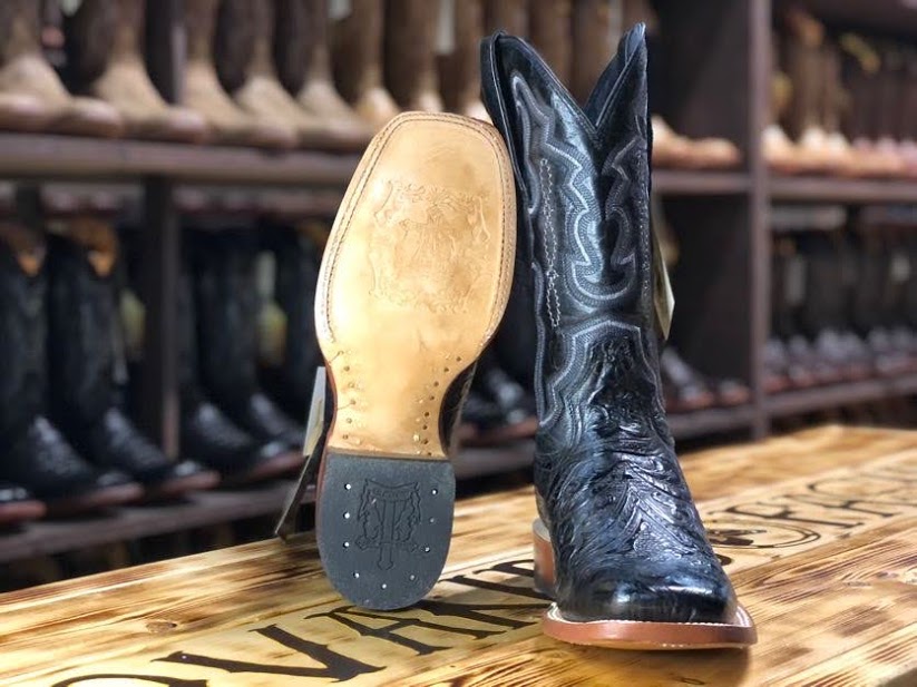 Men Wide Square Toe Black Hand Tooled Print Boots