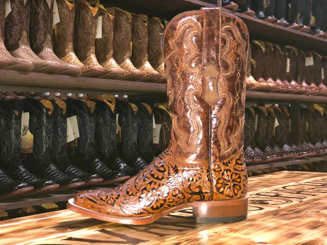 Men Wide Square Toe Cognac Hand Tooled Print Boots