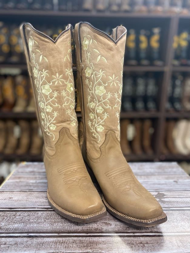 Crazy Brown WIth Vintage Floral Embroidery Rodeo Toe