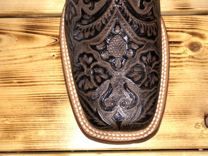 Men Wide Square Toe Brown Hand Tooled Print Boots