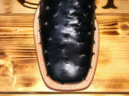 Men Wide Square Toe Black Ostrich Print Boots